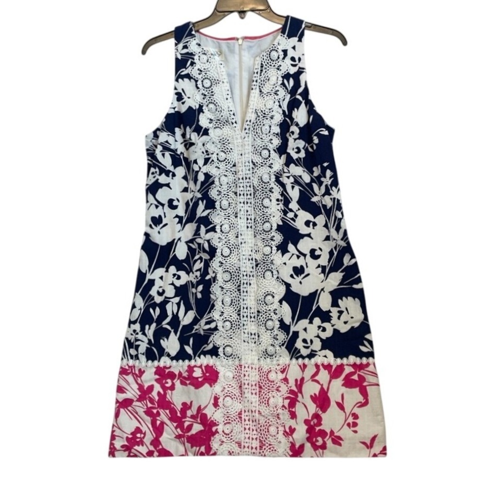Eliza J Dress A-Line Size 6 Navy Pink Lace Stretch Cotton